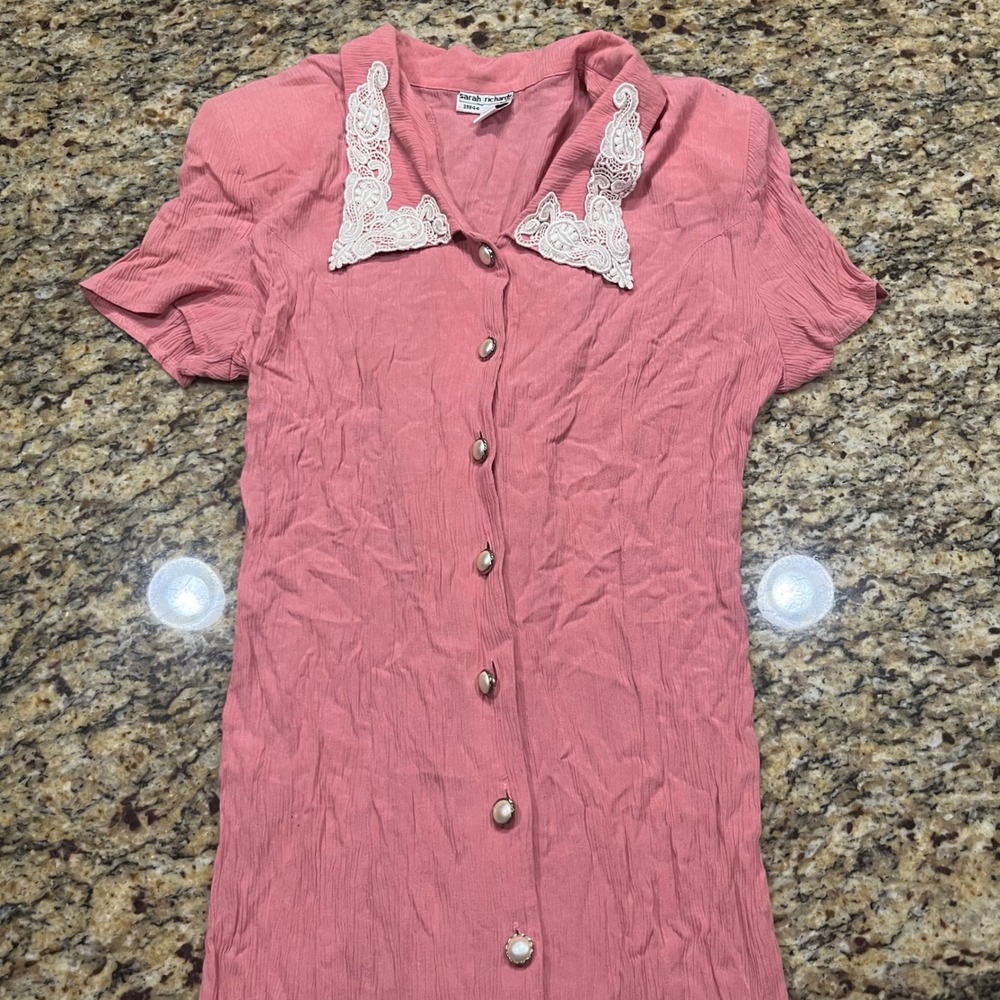 Sarah Richards Vintage Pink Crinkle Rayon Lace Collar Pearl Button Maxi Dress 14